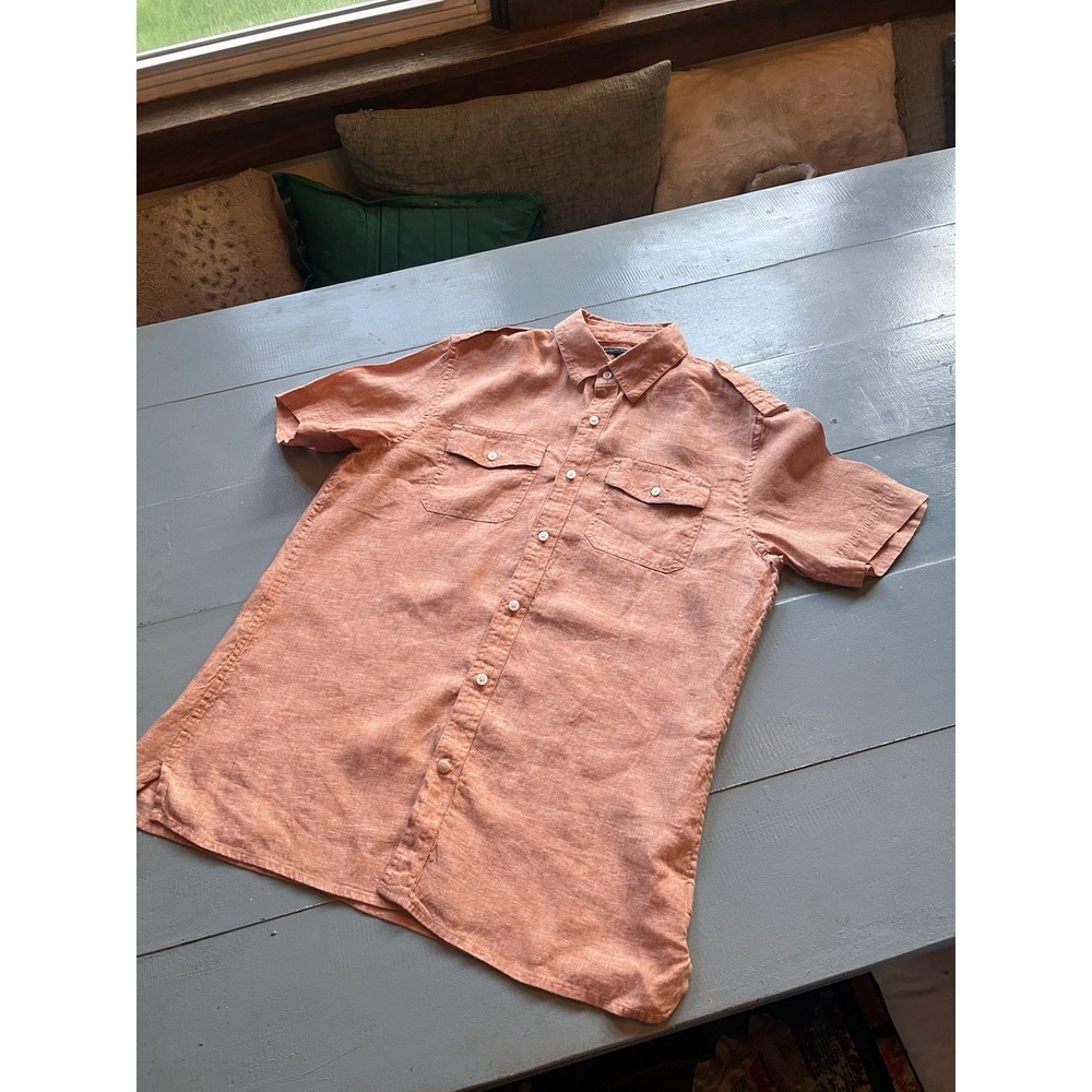 Banana Republic 100% Linen Men's Shirt Medium Salmon Pink Short Sleeve Button Up